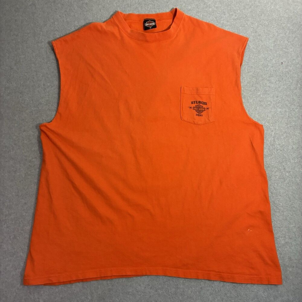 Harley Davidson Sturgis 2002 Shirt Mens 3XL Orange Sleeveless Pocket USA